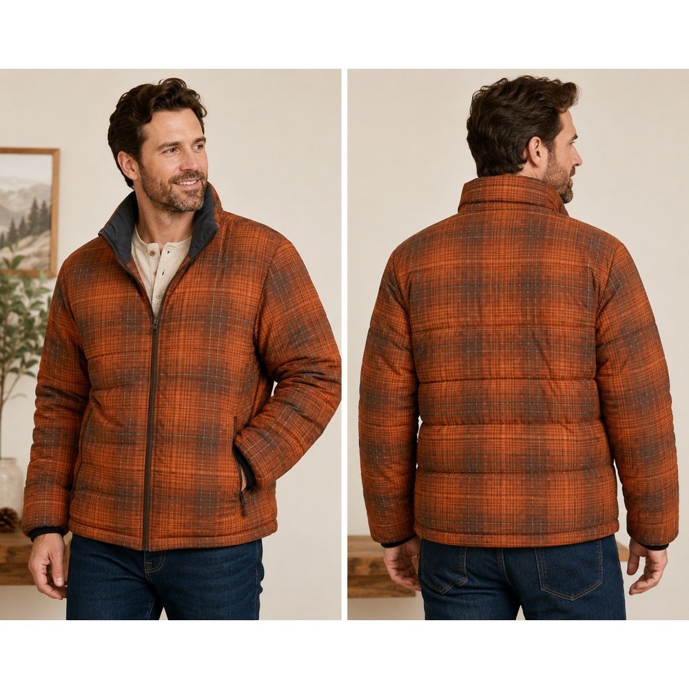 Alpine Design Orange Plaid Full Zip Puffer Jacket Mock Neck Quilted Down L